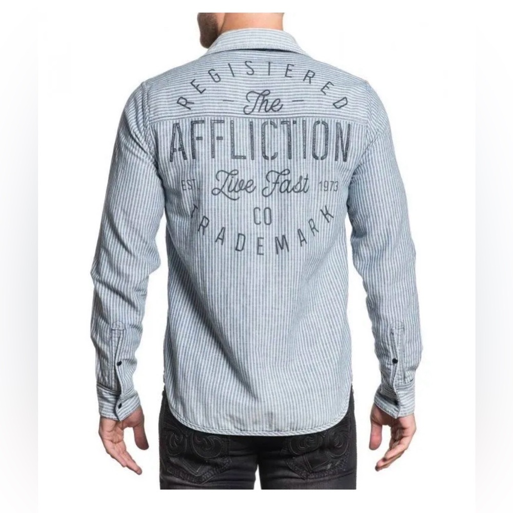 Affliction Reversible Dark Blue Denim Shirt with Graphic Back
Size Medium - Picture 2 of 12